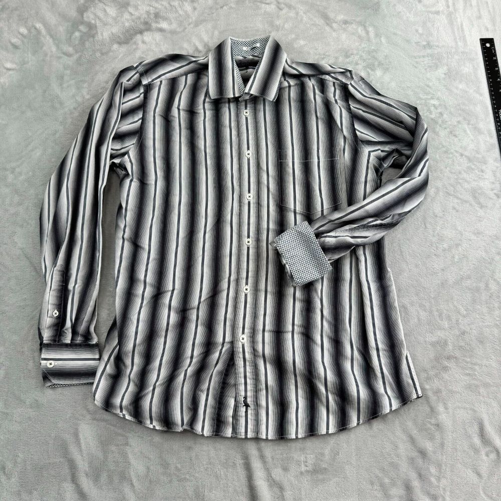 Tailorbyrd Shirt Mens Large Black White Striped Button Up Pocket Flip Cuff - Picture 1 of 12